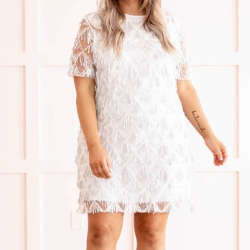 CHIC SOUL DAZZLED UP DRESS WHITE SILVER FRINGE SEQUIN SIZE 1X 14 16 18 BRIDAL